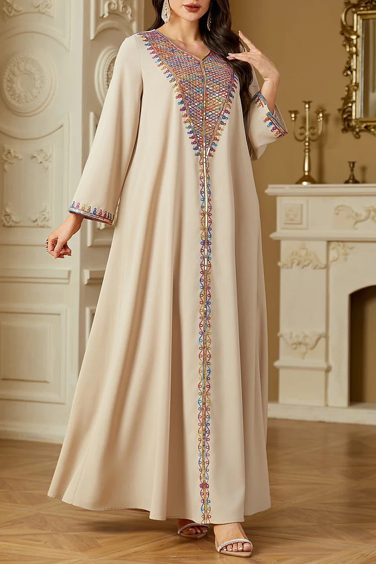 فيفيتش - فساتين قفطان ماكسي مزينة بتطريز متعدد الألوان على شكل حرف V بياقة على شكل حرف V مزينة بالترتر - الصورة 5