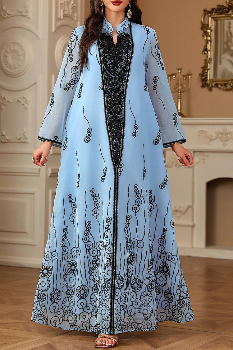 فيفيتش - فساتين ماكسي قفطان مزينة بتطريزات زهور وياقة عالية - أزرق - Image 4