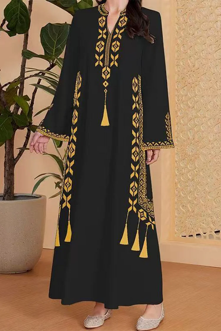 فيفيتش - فستان ماكسي فضفاض بياقة على شكل حرف V وأكمام طويلة مطبوع عليه شرابات هندسية - أبيض - الصورة 3