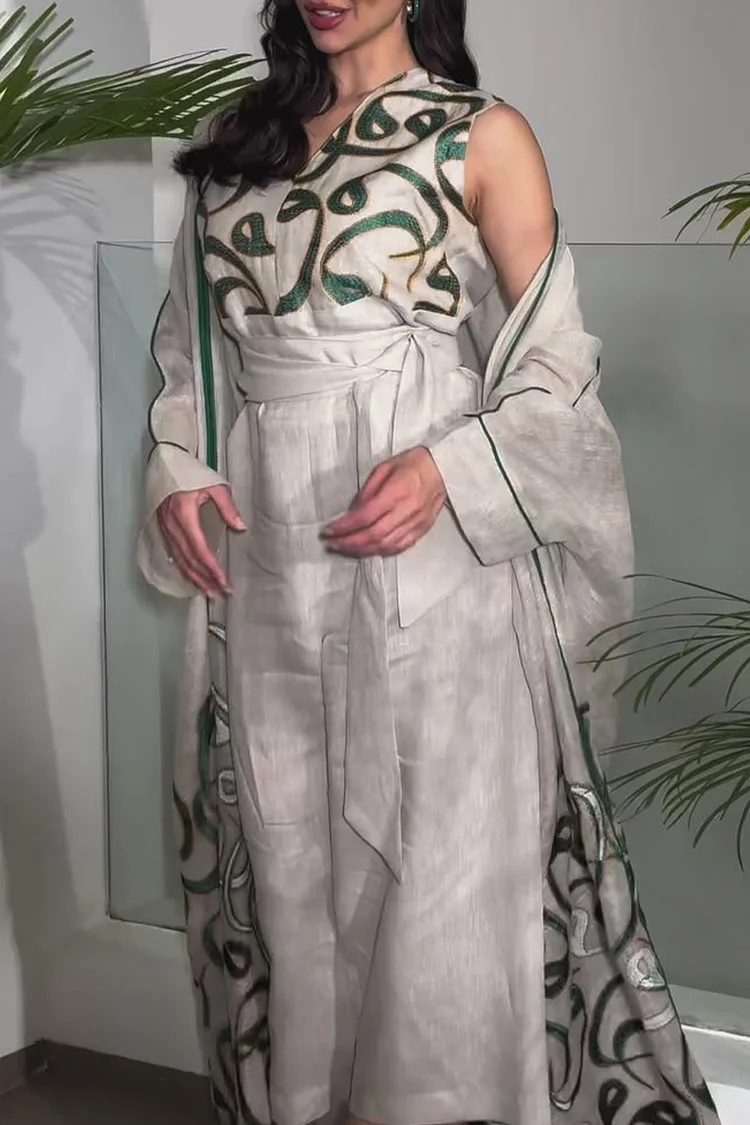 فيفيتش - طقم عباية مطبوعة بنقشة عربية، بدون أكمام، واسعة الساقين، مناسب للحفلات، قطعتين