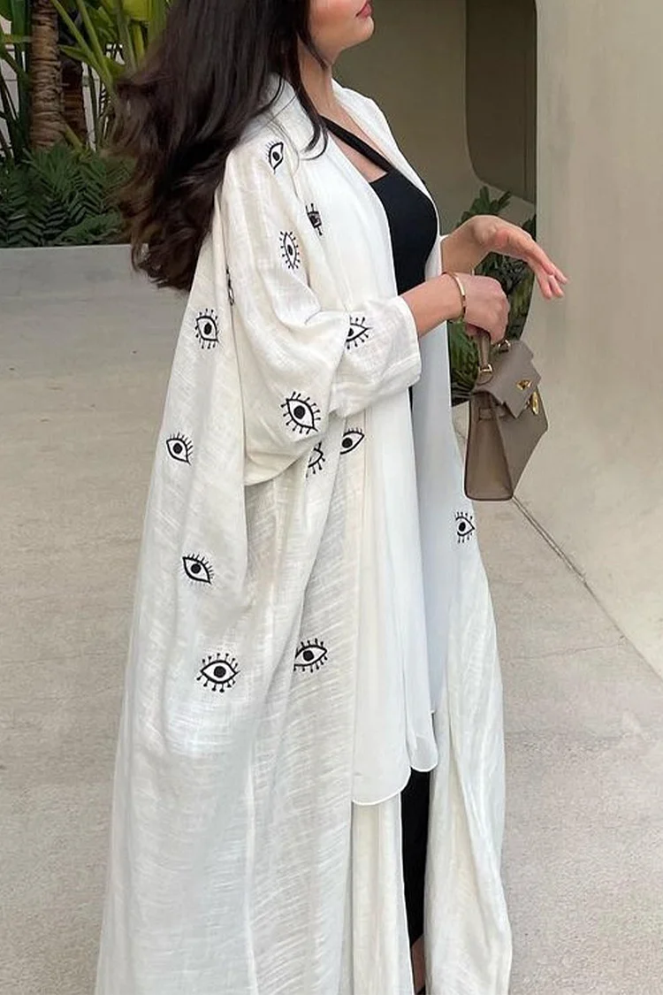 فيفيتش - كارديجان طويل أبيض مطرز بنمط عيون وأكمام واسعة - عباية - الصورة 3
