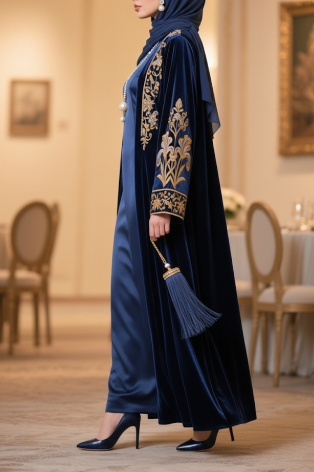 فيفيتش - طقم عباية مخملية مطرزة بأكمام طويلة، فستان ماكسي للحفلات، قطعتان - الصورة 3