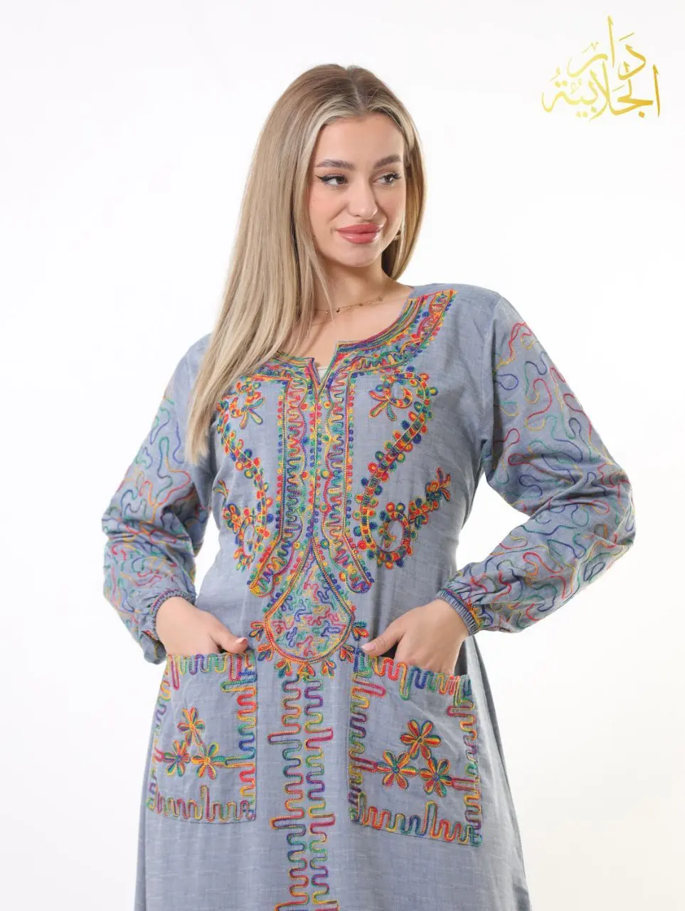 دار الجلابية - عباية كتان مطرزة بجيبين - Image 6