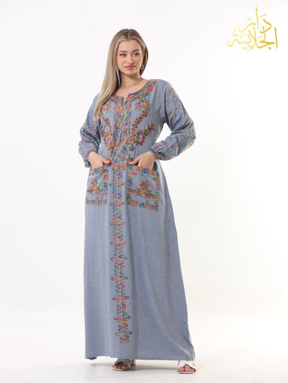 دار الجلابية - عباية كتان مطرزة بجيبين - Image 5