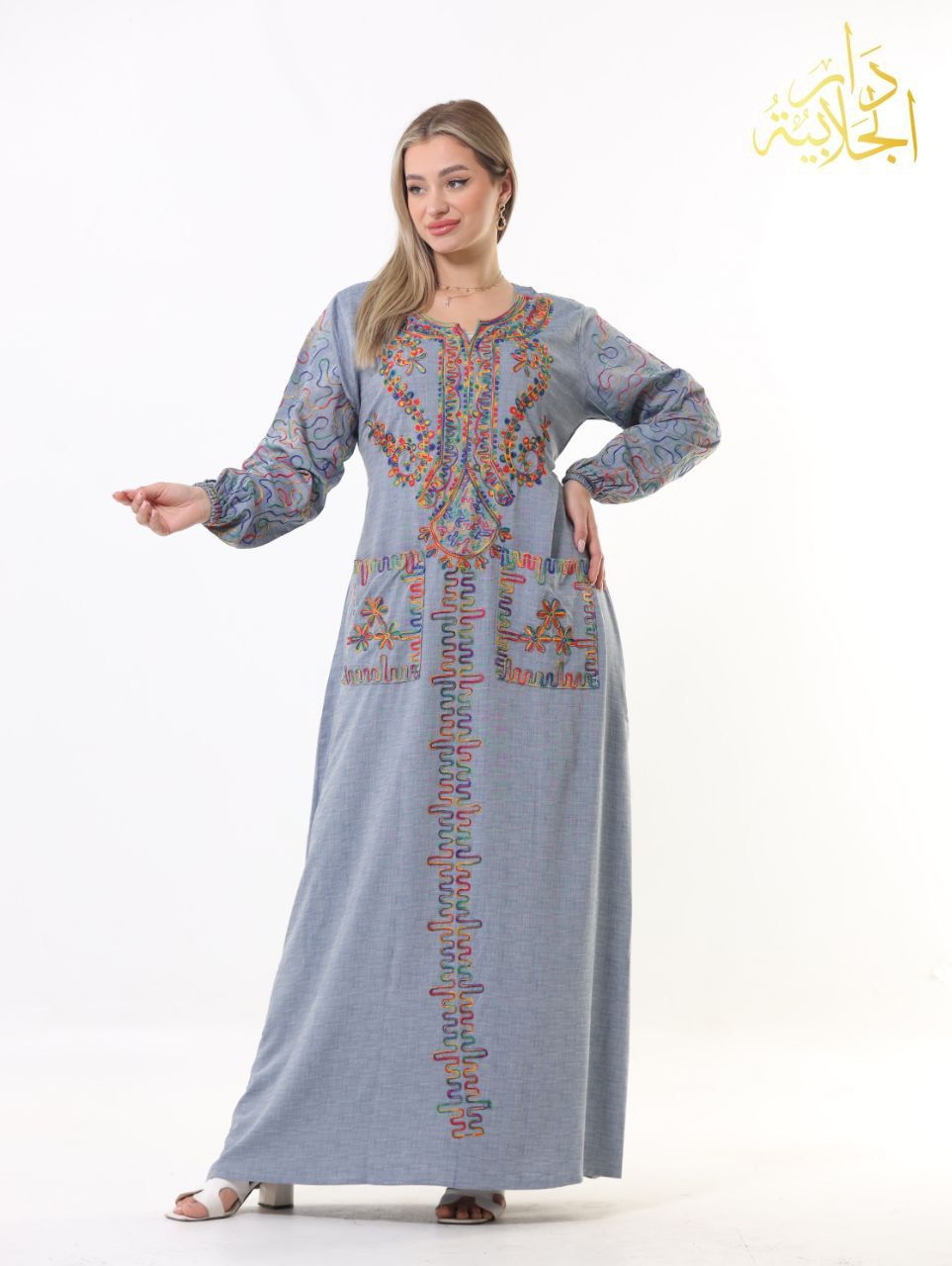 دار الجلابية - عباية كتان مطرزة بجيبين - Image 4