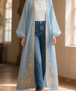 Alternative view of فيفيتش - عباية طويلة من الكتان بأكمام فانوس مطرزة بالزهور - أزرق [طلب مسبق]