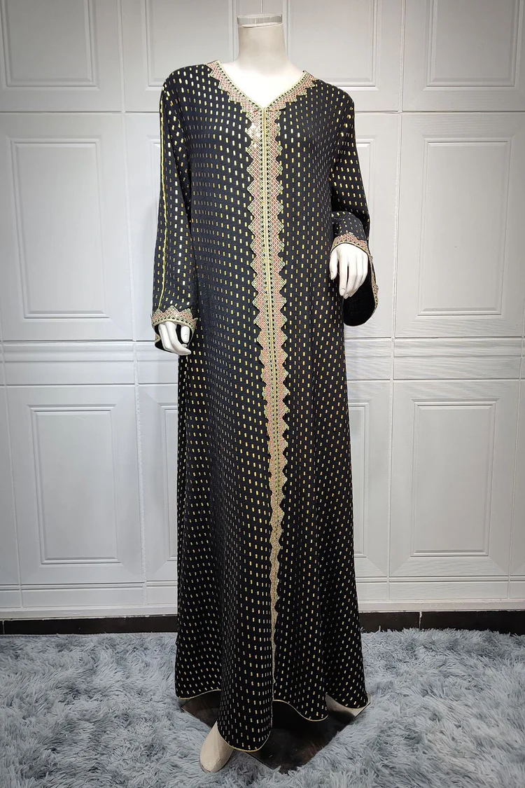 فيفيتش - فستان ماكسي أسود بياقة على شكل حرف V وأكمام طويلة بنقشة برونزية مرقعة -