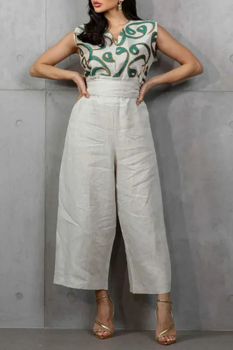 فيفيتش - طقم عباية مطبوعة بنقشة عربية، بدون أكمام، واسعة الساقين، مناسب للحفلات، قطعتين - Image 4