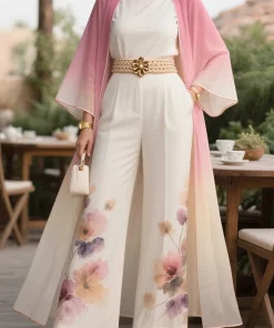 فيفيتش - طقم عباية مكون من 3 قطع - لون وردي، بلوزة وبنطال بطبعة زهور متدرجة الألوان
