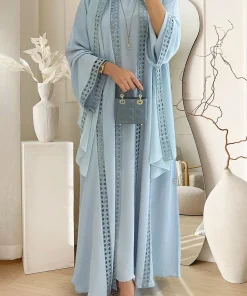 Alternative view of فيفيتش - كارديجان كروشيه بأكمام طويلة، فستان ماكسي، عباية سادة، طقم متناسق