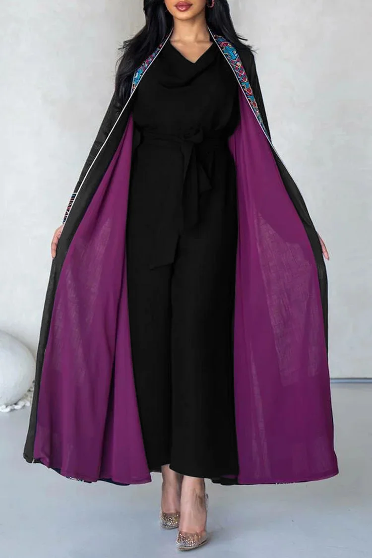 فيفيتش - طقم عباية مطبوعة بنقوش قبلية، بياقة عالية ورباط، قطعتين - أسود - الصورة 3