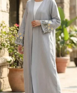 Alternative view of فيفيتش - كارديجان طويل بأكمام طويلة وتطريزات زهرية بلون موحد، عباية طويلة