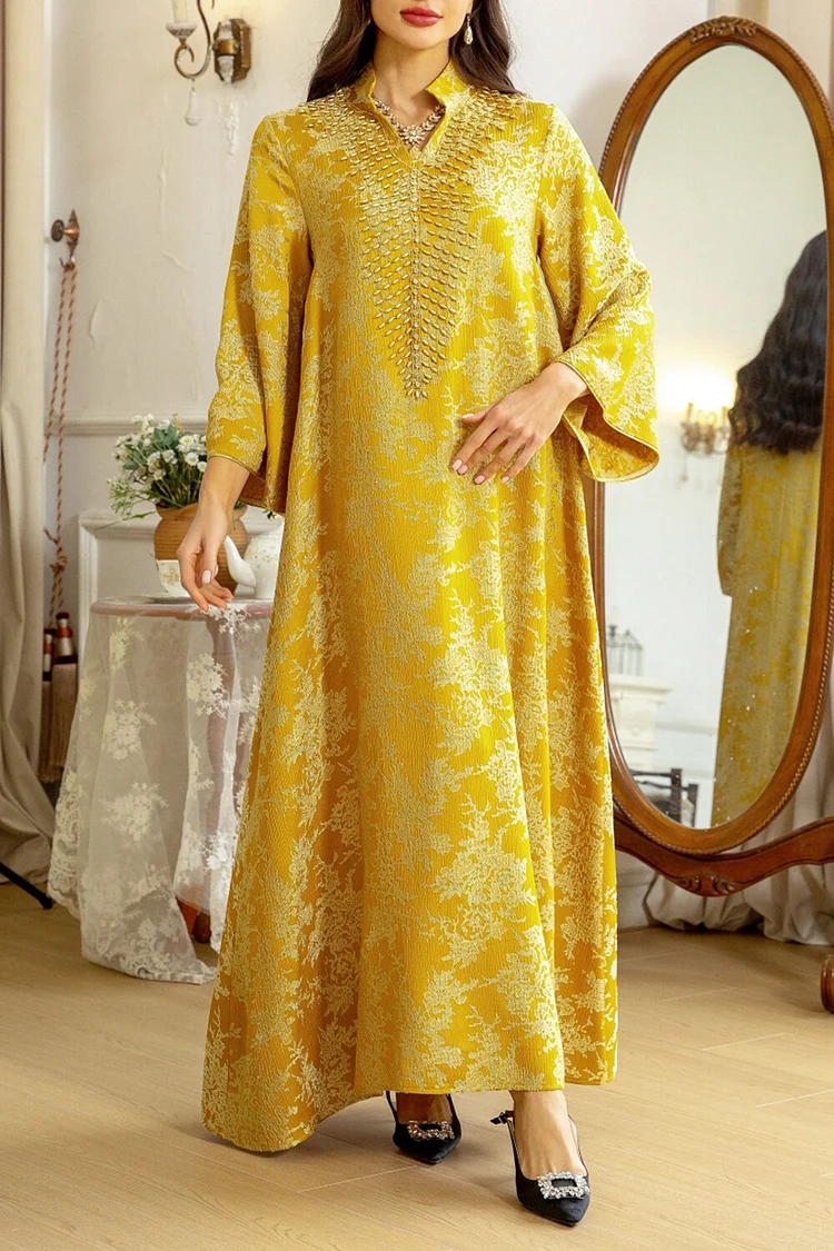 فيفيتش - فساتين ماكسي قفطان مطرزة بالخرز، بياقة واقفة وأكمام طويلة - Image 5