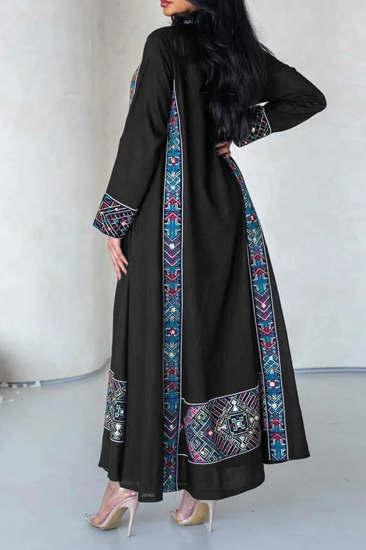 فيفيتش - طقم عباية مطبوعة بنقوش قبلية، بياقة عالية ورباط، قطعتين - أسود