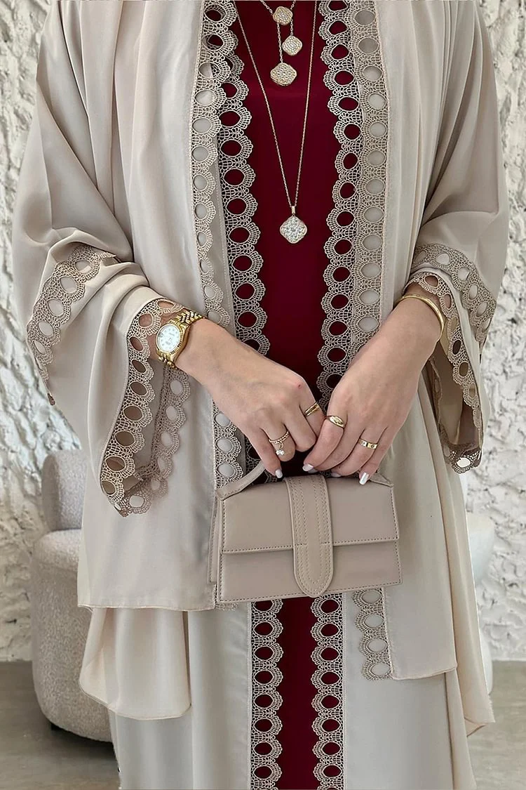 فيفيتش - طقم عباية ماكسي بدون أكمام مزينة بالدانتيل المفرغ، مكون من 3 قطع، مناسب للحفلات - Image 3