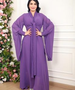 أوبرا فاشن - فستان طويل لون موف قماش كريب باكمام طويله على كسرات اسفل الصدر لف قماش على الصدر