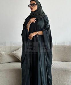 Alternative view of دار امتنان - عباية حرير زيتية بالكريستال مع طرحة مزينة بالكريستال بقماش صيفي- 1424