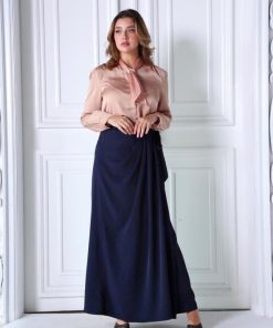 Alternative view of أوبرا فاشن - تنورة مدرسي قماش كريب استرتش لون كحلي زم على الخصر مع حزام