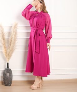 Alternative view of أوبرا فاشن - فستان فوشي كريب اكمام طويلة بتصميم مميز قطعة فاخرة