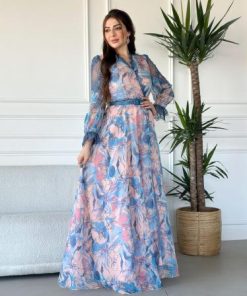 أوبرا فاشن - فستان طويل لف قماش شيفون مشجر اكمام طويله وبالكتف دانتيل