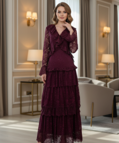 Alternative view of أوبرا فاشن - فستان دانتيل برغندي بطبقات وكشكشة أنيقة بتصميم راقٍ