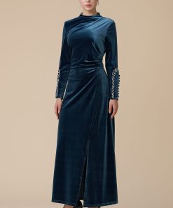 اكتان - فستان أزرق طويل مخمل بأكمام طويلة
