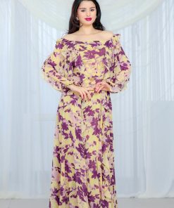 Alternative view of أوبرا فاشن - فستان شيفون مشجر بقصة أوف شولدر وتفاصيل كشكش أنثوية