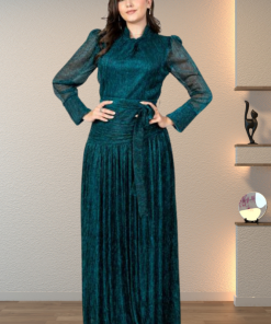 تريجر آيلاند - فستان سهرة ناعم طويل ساتر لامع بحزام على الخصر