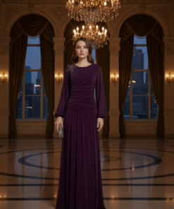 أوبرا فاشن - فستان سهرة برغندي جورسيه لامع بتصميم دربيات وإكسسوار كريستال فاخر