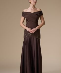 اكتان - فستان بني طويل أوف شولدر