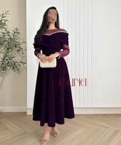 جولينا - فستان مخمل موف طويل بأكمام تول