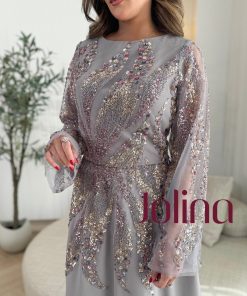 Alternative view of جولينا - طقم سهرة رمادي بتطريز لامع وأكمام شفافة أنيقة
