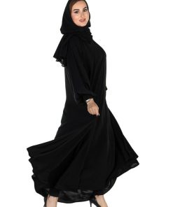 Alternative view of عبايات روزا - عباية دبل كلوش سوداء من قماش لمسة حرير مع طرحتها