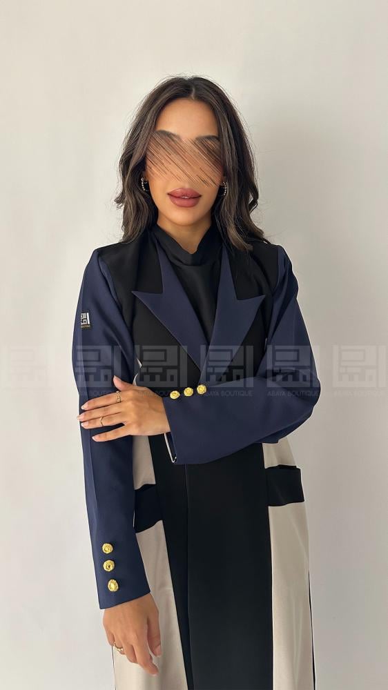 دار امتنان - عباية سوداء ربع كلوش بليزر بتفاصيل كحلي وبيج بقماش ليمار البارد- 1435 - Image 3