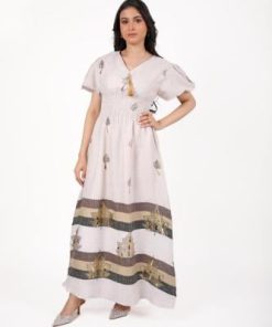 أوبرا فاشن - جلابية كويتية لون سكري ميدي مزينة بترتر على زم بالخصر