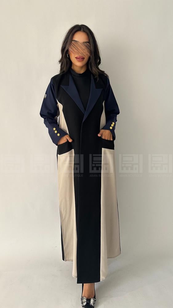 دار امتنان - عباية سوداء ربع كلوش بليزر بتفاصيل كحلي وبيج بقماش ليمار البارد- 1435 - Image 4