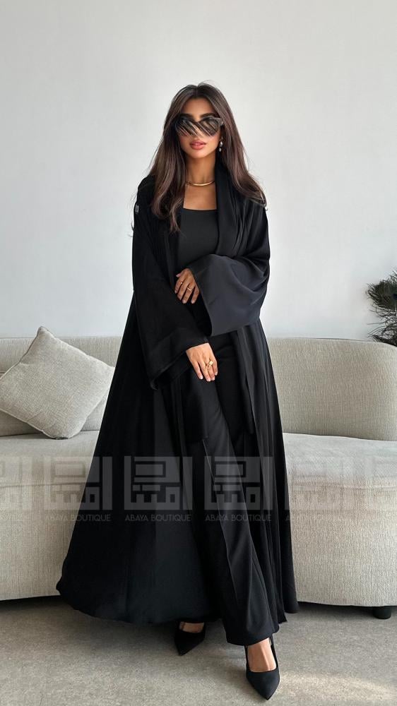 دار امتنان - عباية كلوش سوداء صيفية أنيقة بقماش بودرة- 1321