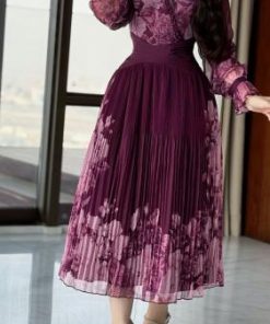 أوبرا فاشن - فستان ميدي شيفون مشجر اكمام طويلة