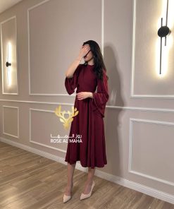 روز المها - فستان عودي ناعم ميدي اكمام طويله مفتوحه