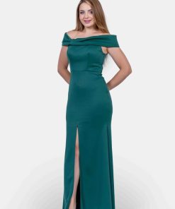 تريجر آيلاند - فستان سهرة طويل ناعم اوف شولدر كريب بفتحه من الامام