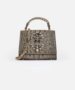 أوبرا فاشن - شنطة يد ماركة كريسبلا مرصعة بالأحجار بجلد فاخر لون رمادي