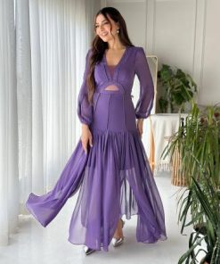 أوبرا فاشن - فستان شيفون بنفسجي طويل بقصة مميزة وأكمام شفافة