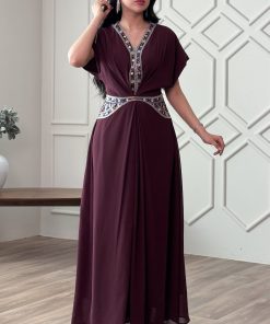 اكتان - جلابية شيفون مزينة بترتر لون عنابي