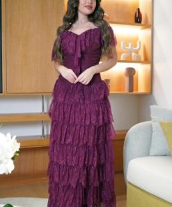 أوبرا فاشن - فستان طويل اوف شولدر برغندي قماش دانتيل