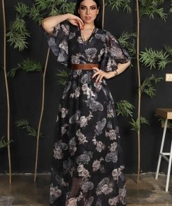 تريجر آيلاند - فستان طويل مشجر ساتان بأكمام قصيرة