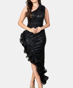 تريجر آيلاند - فستان سهرة طويل وان شولدر و وردة على الكتف و ذيل