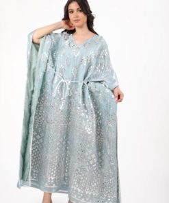 أوبرا فاشن - جلابية كويتية لون تيفاني قماش اورجانزا على ربطة بالخصر