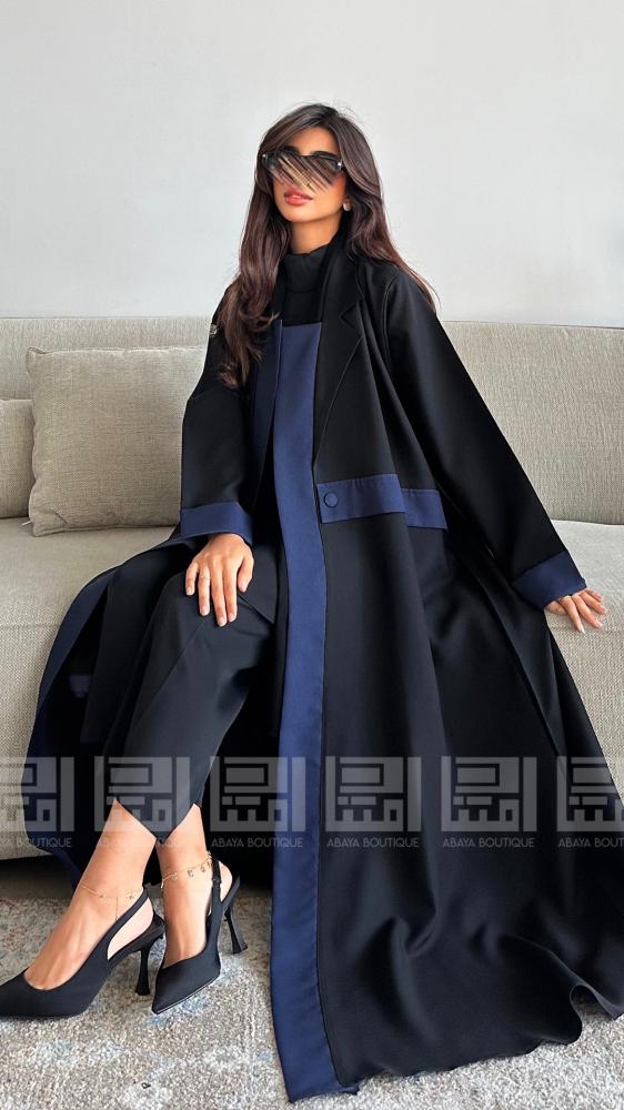 دار امتنان - عباية سوداء نصف كلوش كحلي بياقة جاكيت بقماش بارد- 1470
