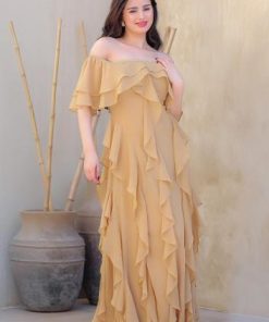 أوبرا فاشن - فستان شيفون أنيق بتصميم أوف شولدر وكشاكش انسيابية