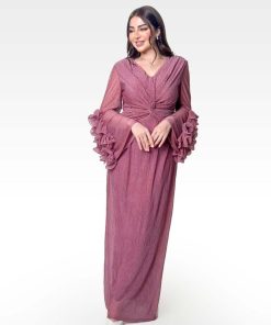 Alternative view of أوبرا فاشن - فستان قماش مكسر متداخل بالخصر وكشكشة بالاكمام